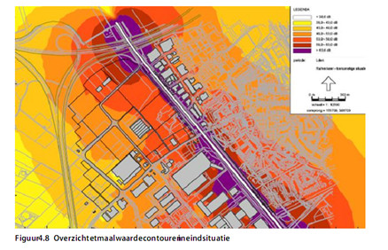 Geluidscontour van de spoorlijn langs het Goederen Distributie Centrum in Acht (Eindhoven)