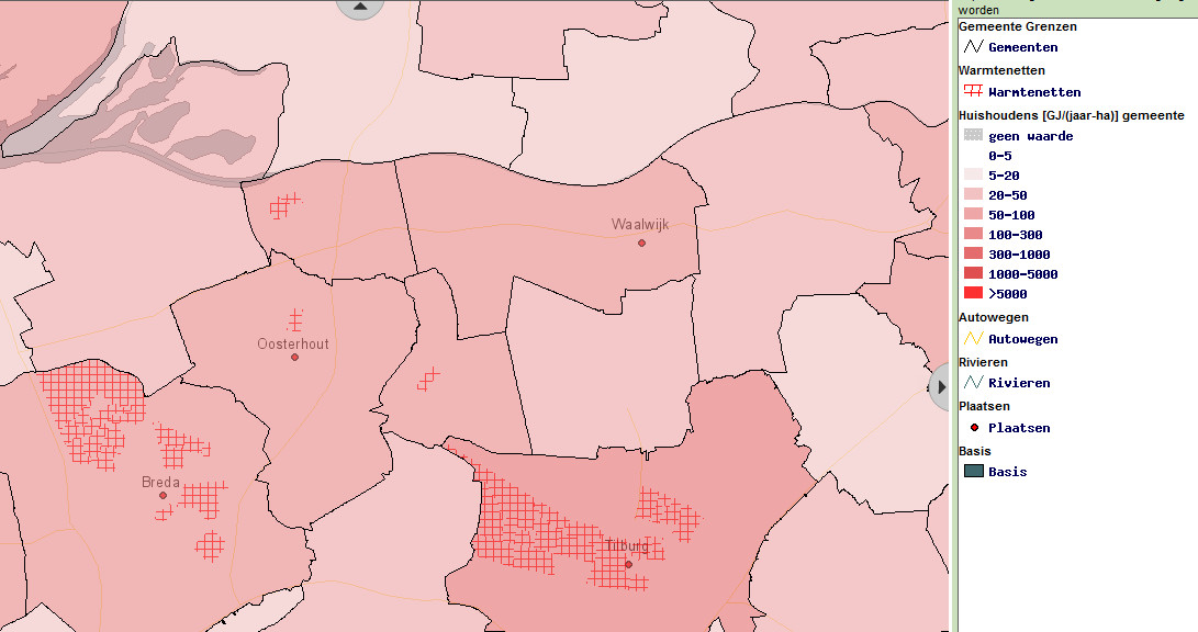 Warmtenetten in Tilburg en Breda (bron: Warmteatlas)