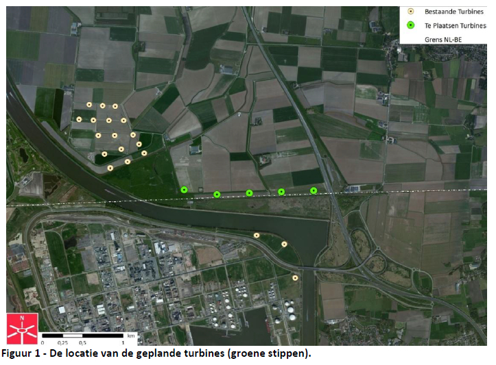 Kaart opstelling windturbines Kabeljauwbeek