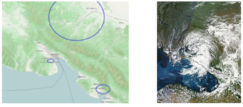 De ligging van Krymsk en de regenstorm vanuit de satelliet