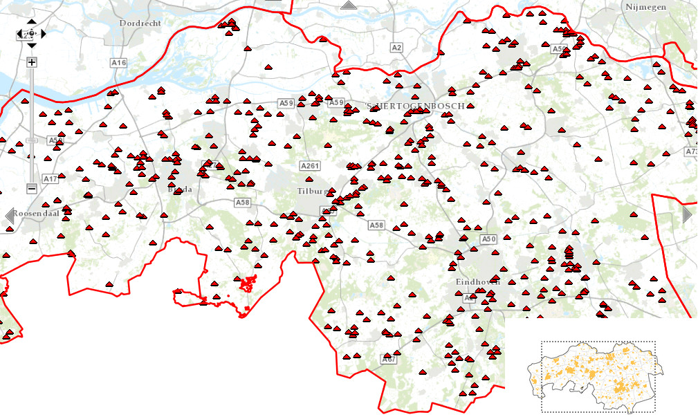 Kaart met vuilstorten in Brabant. Die is te vinden op http://kaartbank.brabant.nl/viewer/app/Stortplaatsen