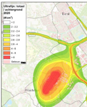 Ultrafijn stof-verdeling rond het vliegveld, 2020, alleen civiel