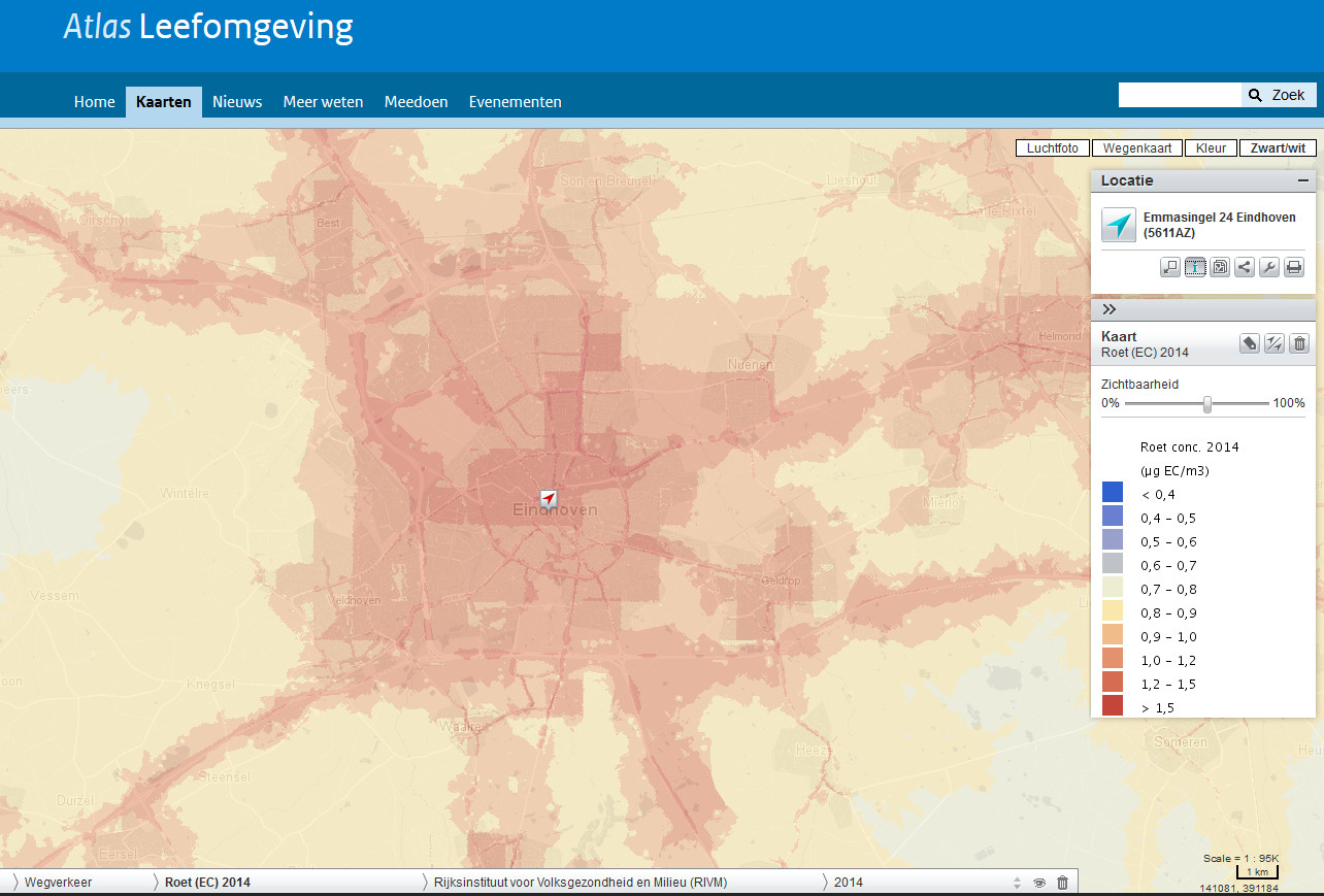 (Roetkaart Eindhoven, RIVM, 2014, modelmatig berekend).