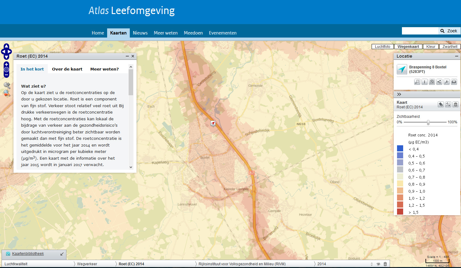 Roetkaart van Boxtel. 2014, Atlas voor de Leefomgeving en RIVM