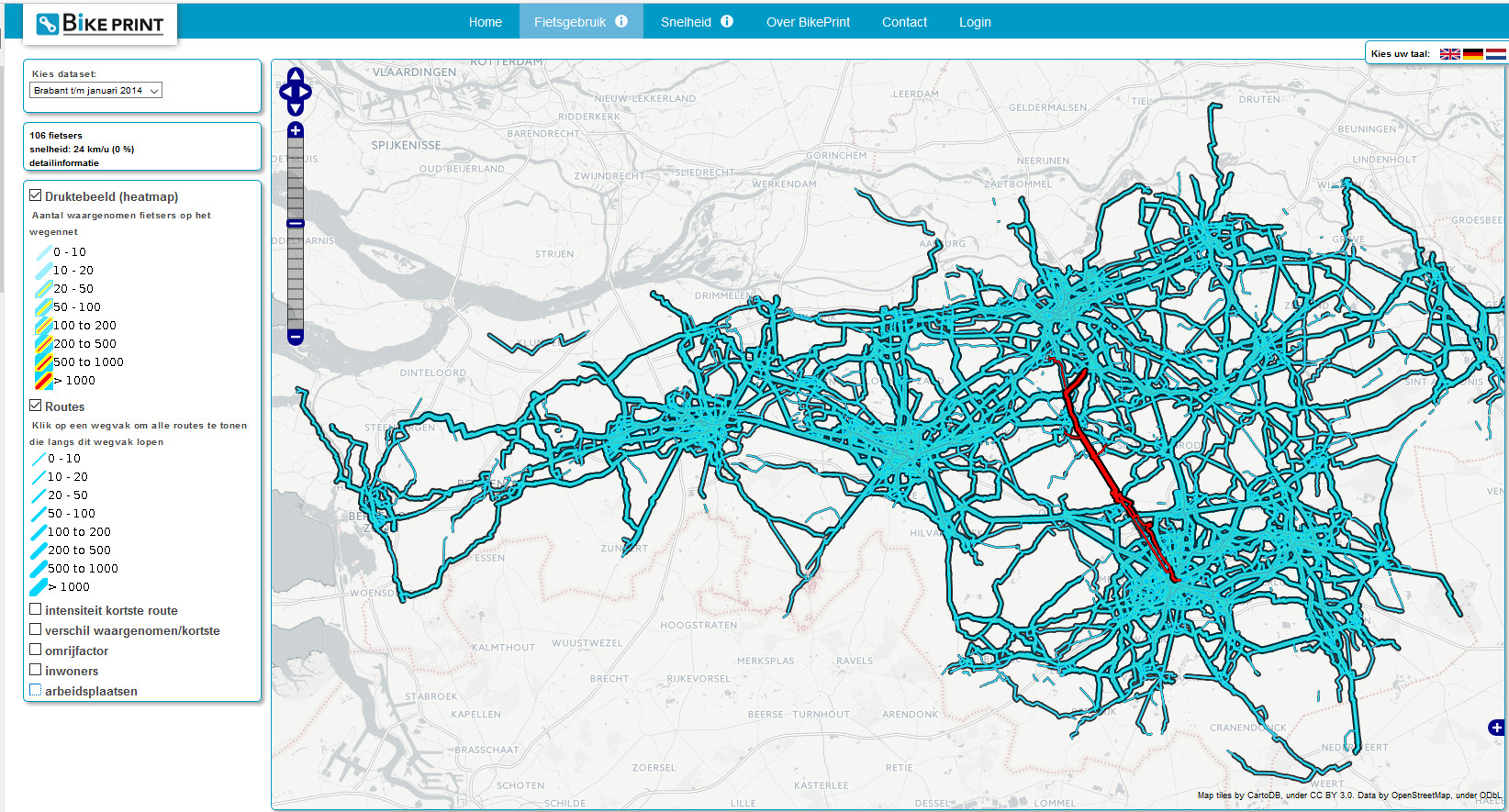 Drukte op de weg Eindhoven-Den Bosch (op dat moment 106 geregistreerde fietsers die gemiddeld 24km/uur fietsen)