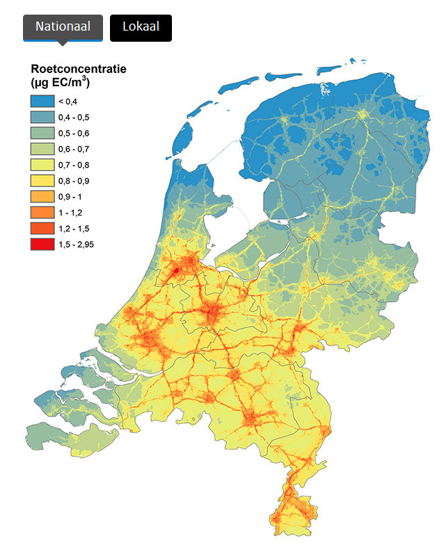 Roetkaart van Nederland over 2013 (berekend)
