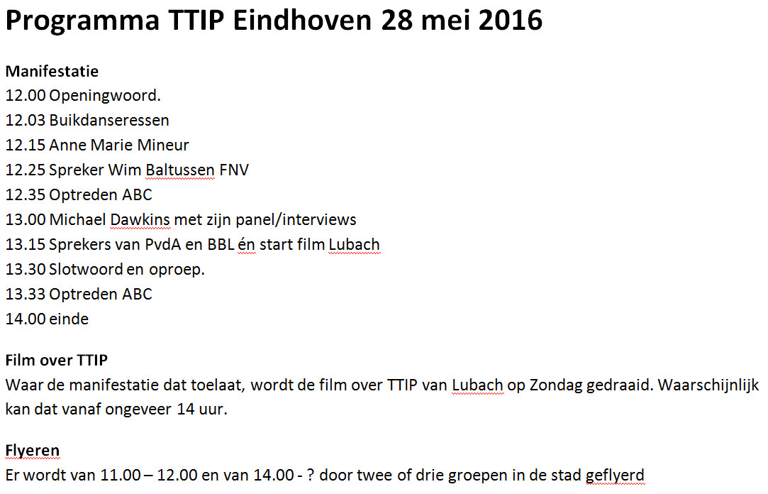 Programma TTIP-manifestatie 28 mei 2016