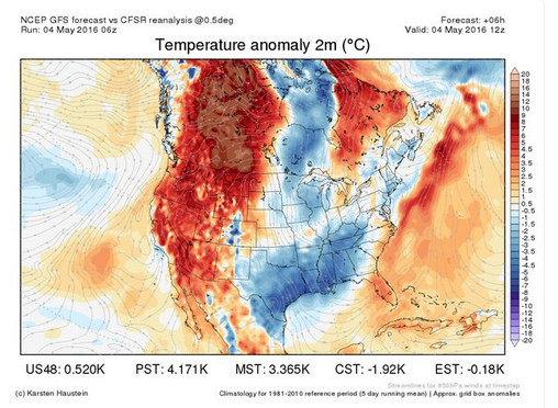 Afwijkende temperaturen boven Noord-Amerika op 4 mei 2016