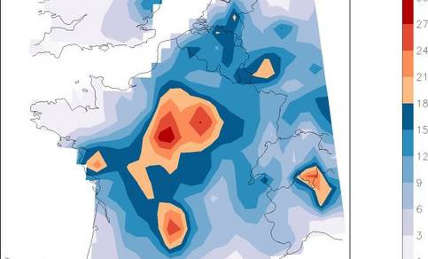 Gemiddelde neerslag in mm/dag in Frankrijk op 29-30-31 mei - bron NOAA/CPC