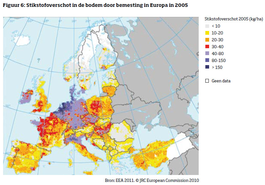 stikstofoverschot in de bodem door bemesting in Europa in 2005