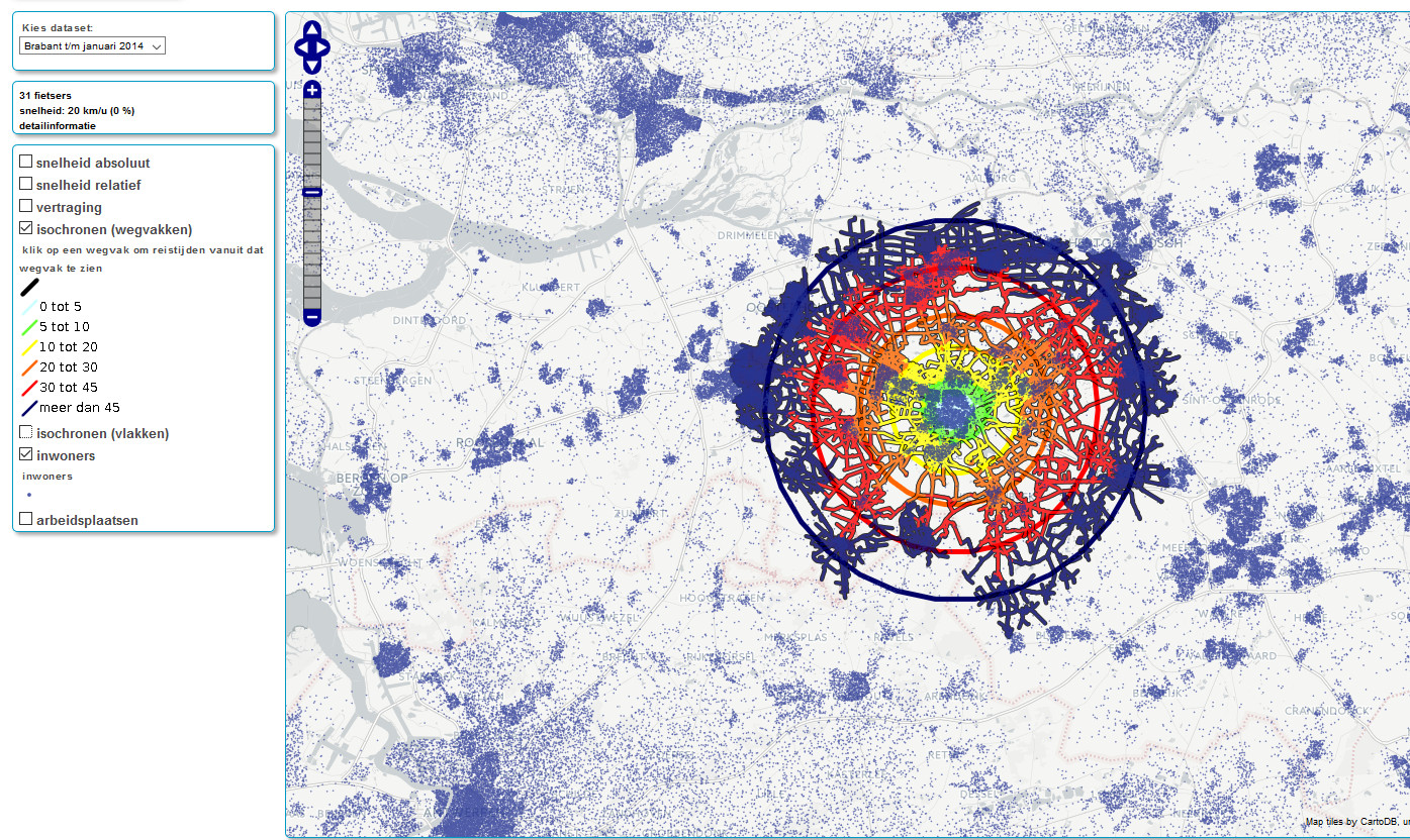 Isochronen rond het centrum van Tilburg (bleekblauwe vlekken bevolkingsconcentraties).